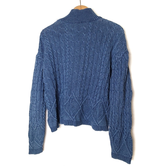 Blue cable knit distressed High mock turtleneck sweater - Picture 4 of 6